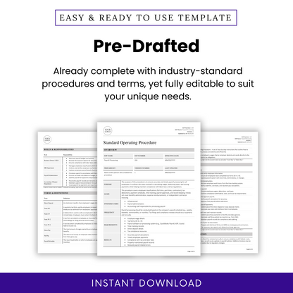 Visual showing three formatted pages of the payroll SOP, emphasizing its industry-standard structure and full customizability to suit any business needs.