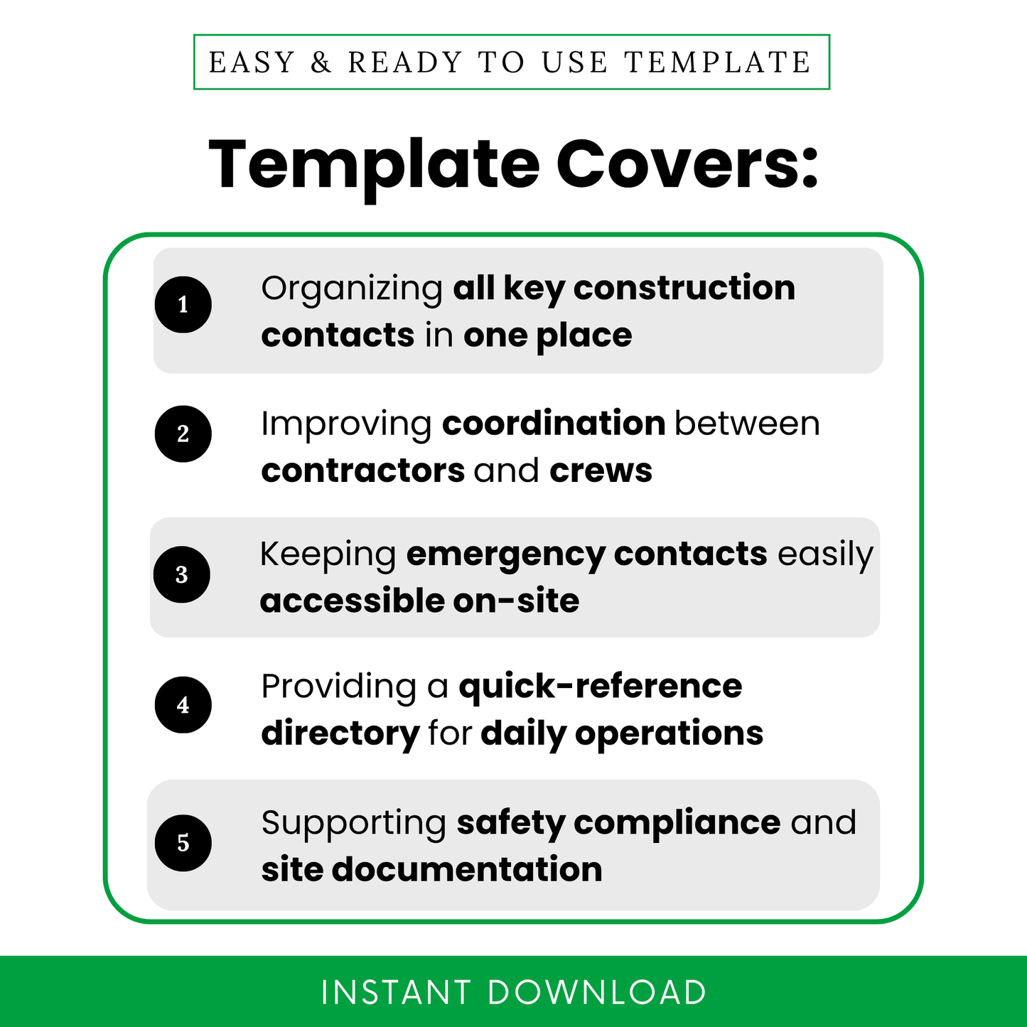construction contact list template benefits infographic, organizing contractor contacts, improving team coordination, emergency contacts list, job site management tool, clean modern checklist design