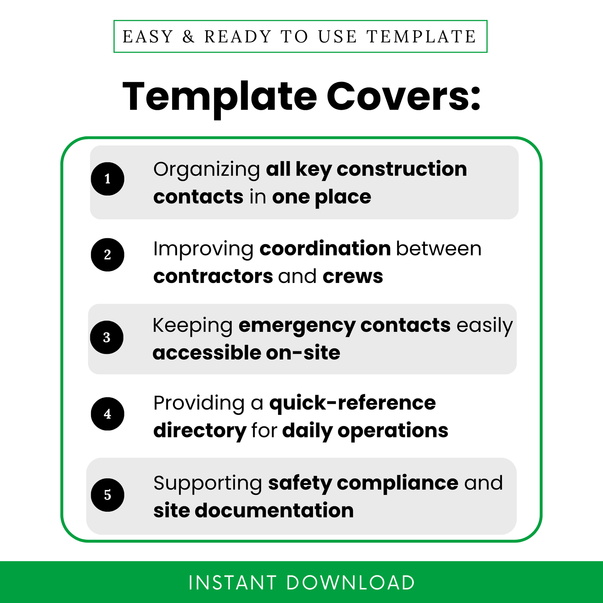 construction contact list template benefits infographic, organizing contractor contacts, improving team coordination, emergency contacts list, job site management tool, clean modern checklist design