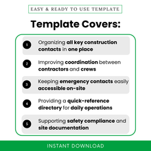 construction contact list template benefits infographic, organizing contractor contacts, improving team coordination, emergency contacts list, job site management tool, clean modern checklist design