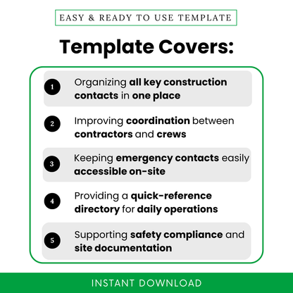 construction contact list template benefits infographic, organizing contractor contacts, improving team coordination, emergency contacts list, job site management tool, clean modern checklist design