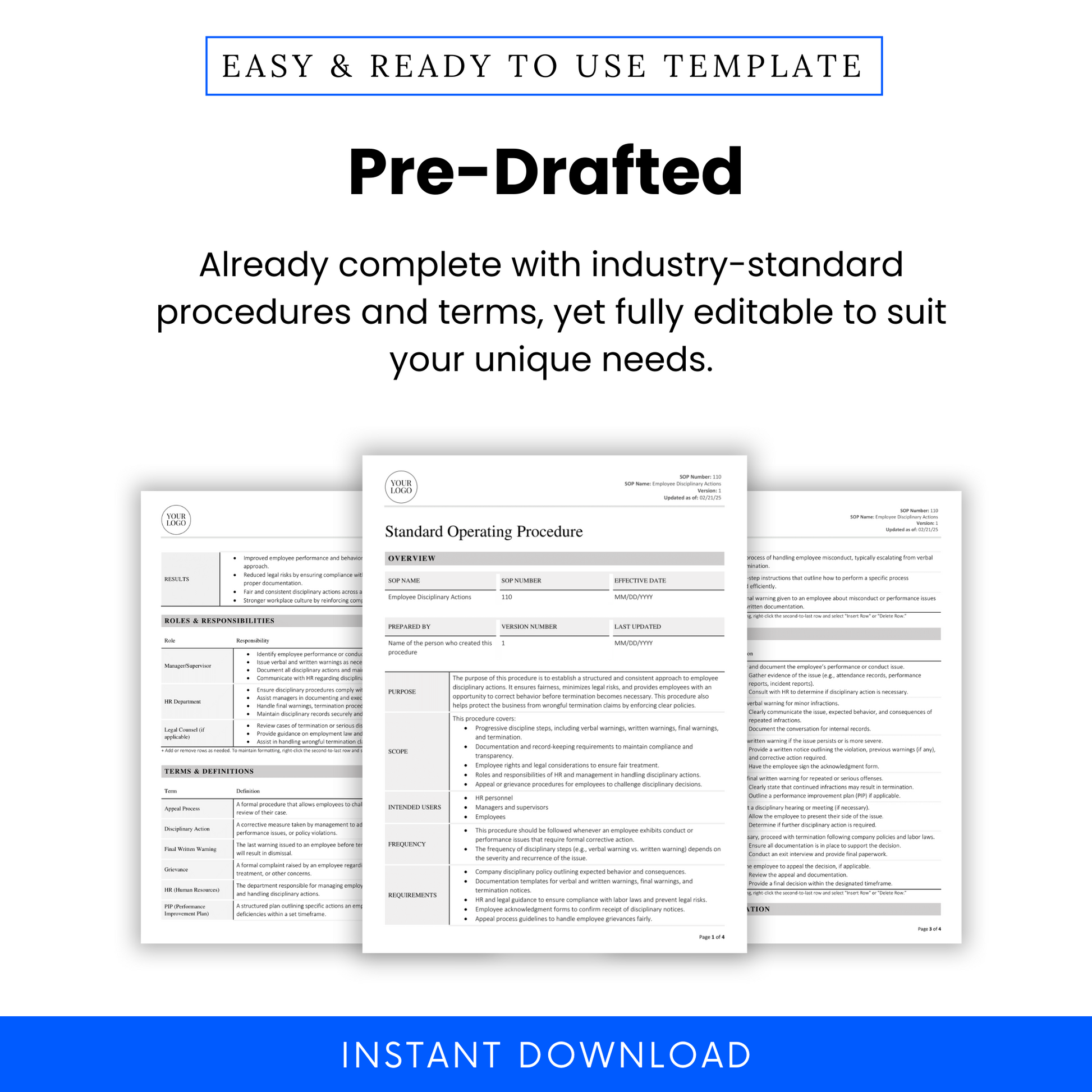 Image preview of pre-drafted SOP pages with sections explaining disciplinary policies and legal documentation steps
