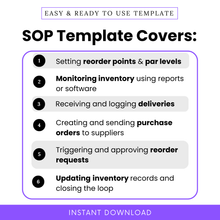 Stock Replenishment SOP Template covers reorder points, inventory monitoring, receiving deliveries, purchase order creation, reorder approvals, and inventory updates. Easy and ready-to-use template for small businesses and warehouse teams. Instant download.