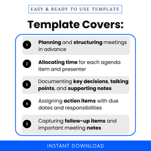 What This Meeting Agenda Template Covers:
• Planning and structuring meetings in advance
• Allocating time for each agenda item and presenter
• Documenting key decisions, talking points, and supporting notes
• Assigning action items with due dates and responsibilities
• Capturing follow-up items and important meeting notes