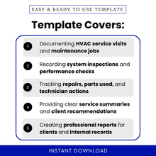 Simple HVAC Service Report template showcasing key use cases like documenting service visits, inspections, and repairs. This editable HVAC Service Report Template Word format helps technicians track maintenance jobs, performance checks, and client recommendations with ease.