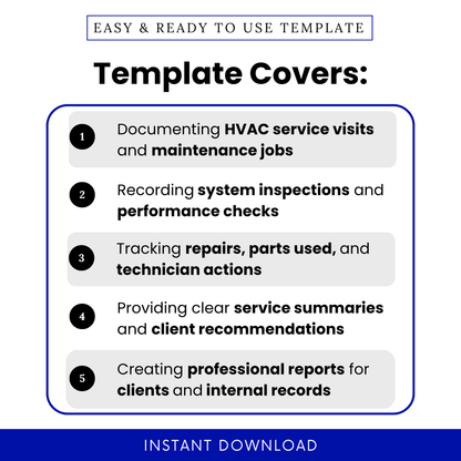 Simple HVAC Service Report template showcasing key use cases like documenting service visits, inspections, and repairs. This editable HVAC Service Report Template Word format helps technicians track maintenance jobs, performance checks, and client recommendations with ease.