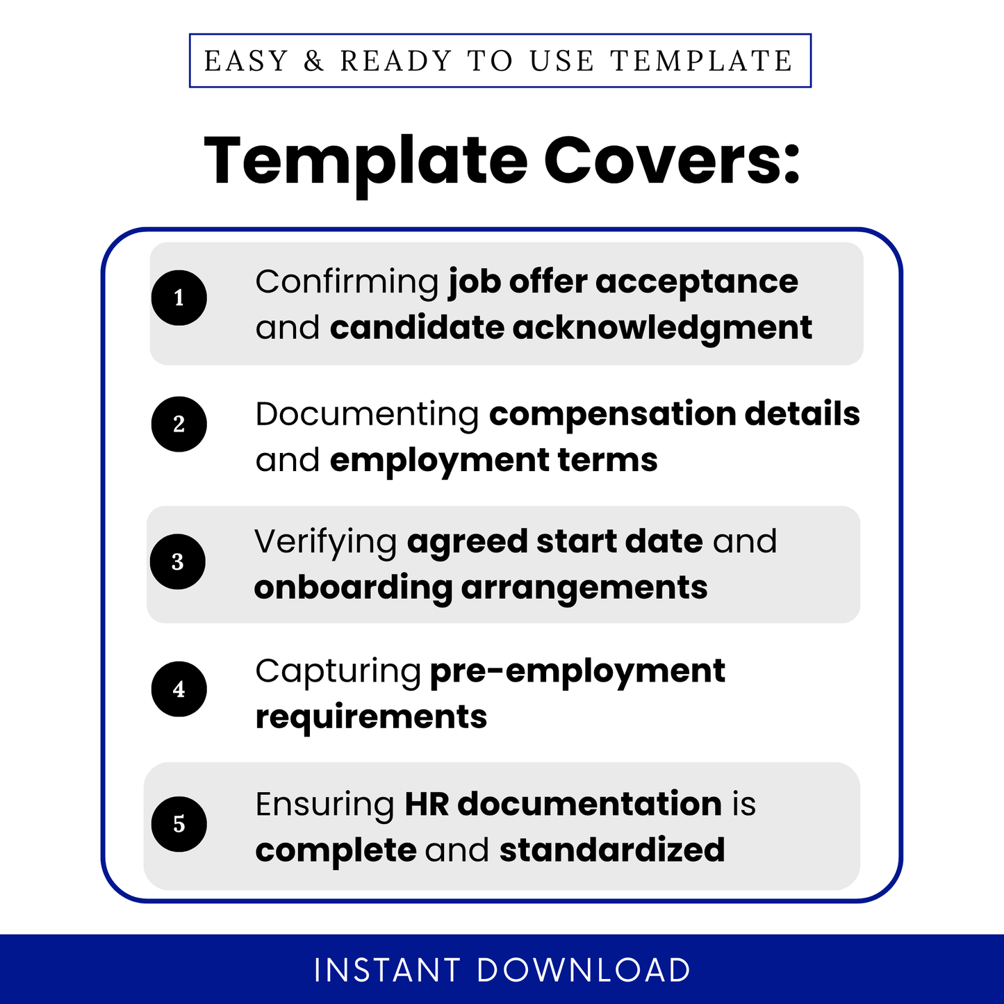 Simple Job Offer Acceptance Template highlighting key uses like candidate acknowledgment, compensation details, and onboarding setup. This editable Job Offer Acceptance Form Template PDF is perfect for HR teams managing hiring documentation and streamlining onboarding workflows.