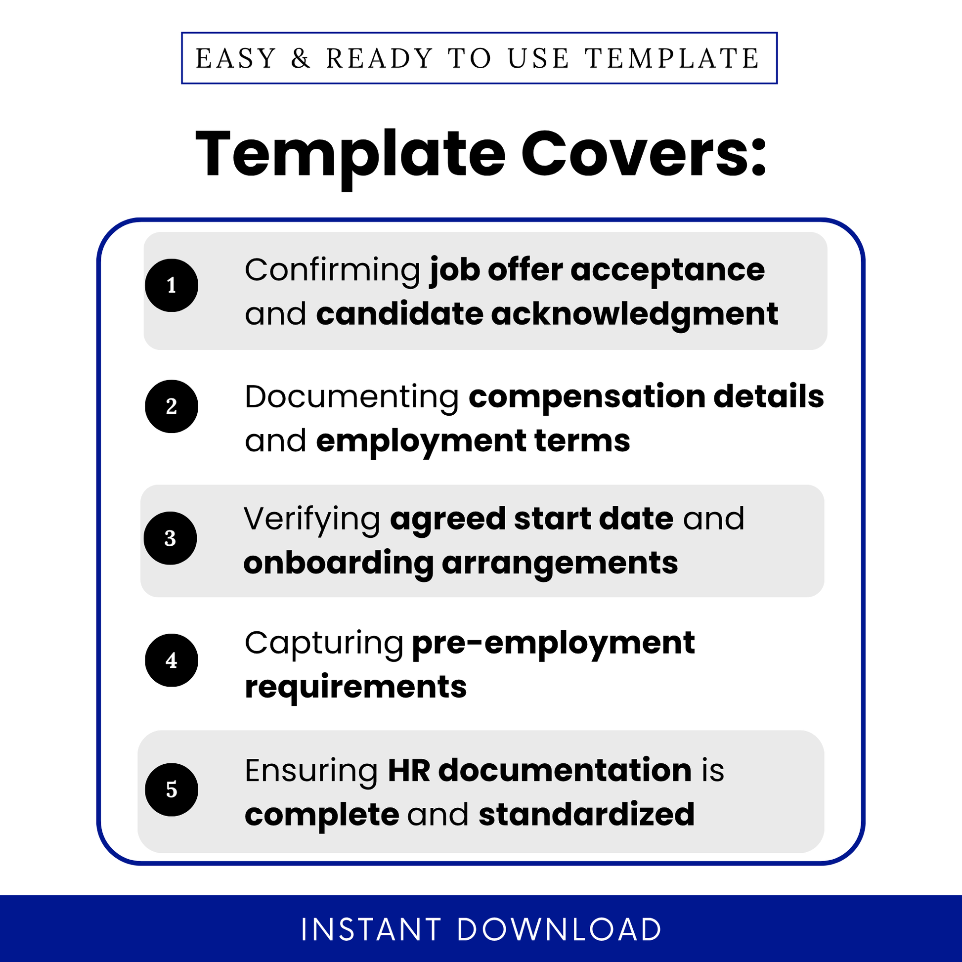 Simple Job Offer Acceptance Template highlighting key uses like candidate acknowledgment, compensation details, and onboarding setup. This editable Job Offer Acceptance Form Template PDF is perfect for HR teams managing hiring documentation and streamlining onboarding workflows.