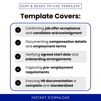 Simple Job Offer Acceptance Template highlighting key uses like candidate acknowledgment, compensation details, and onboarding setup. This editable Job Offer Acceptance Form Template PDF is perfect for HR teams managing hiring documentation and streamlining onboarding workflows.