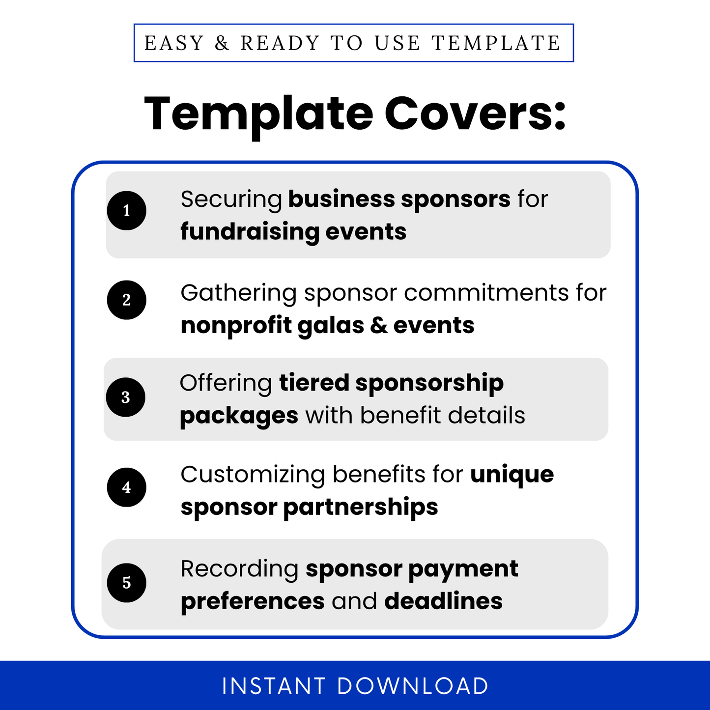 Simple Sponsorship Commitment Form Template highlighting key use cases like fundraising events, nonprofit galas, and tiered sponsorship packages. This Sponsorship Commitment Form Template PDF helps organizations manage sponsor commitments, customize benefits, and track payment preferences.