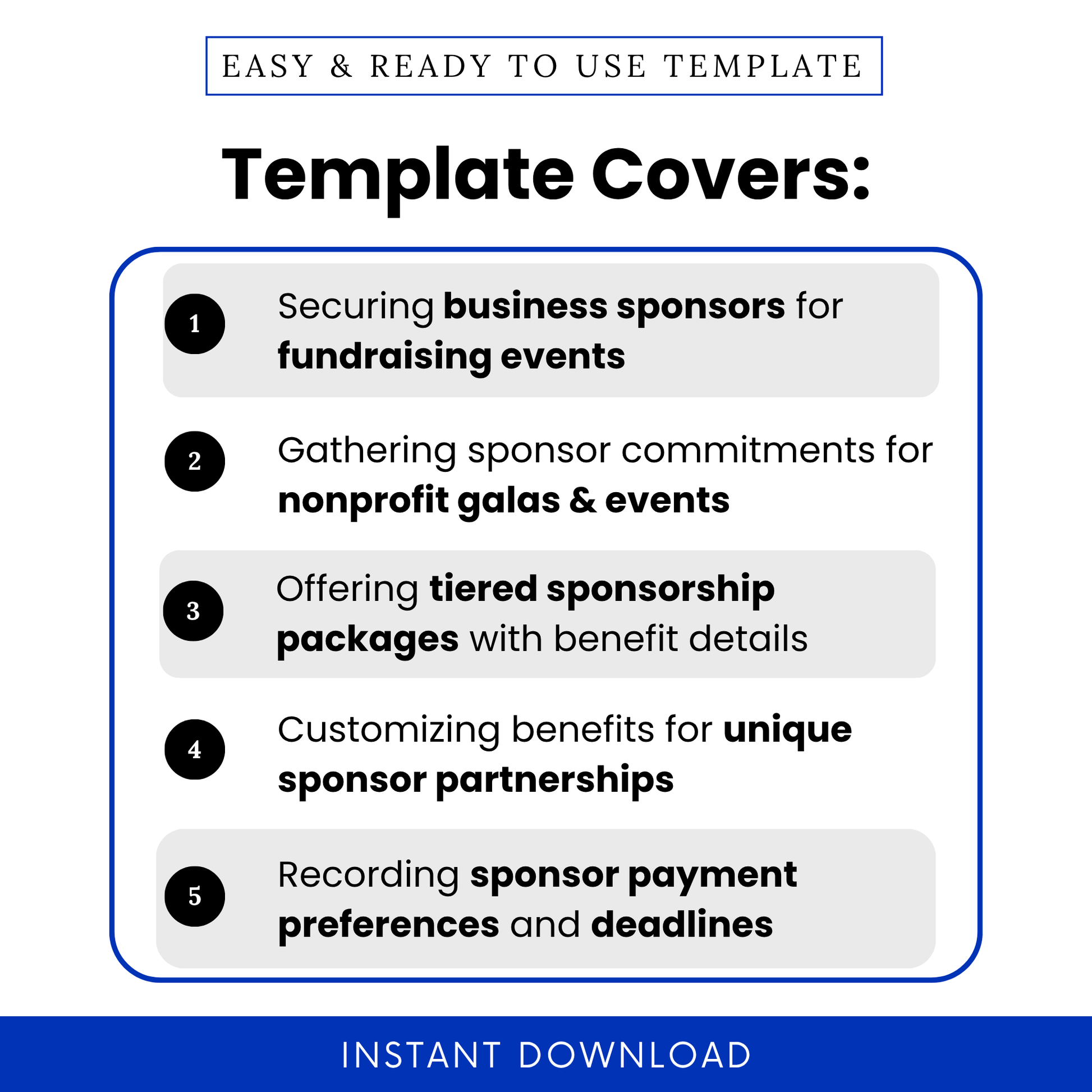 Simple Sponsorship Commitment Form Template highlighting key use cases like fundraising events, nonprofit galas, and tiered sponsorship packages. This Sponsorship Commitment Form Template PDF helps organizations manage sponsor commitments, customize benefits, and track payment preferences.