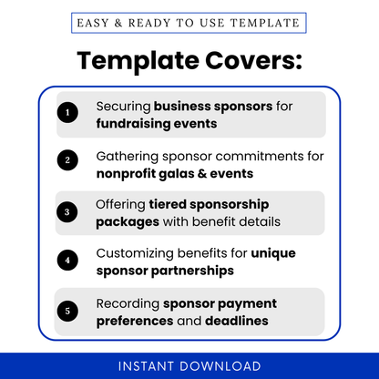 Simple Sponsorship Commitment Form Template highlighting key use cases like fundraising events, nonprofit galas, and tiered sponsorship packages. This Sponsorship Commitment Form Template PDF helps organizations manage sponsor commitments, customize benefits, and track payment preferences.