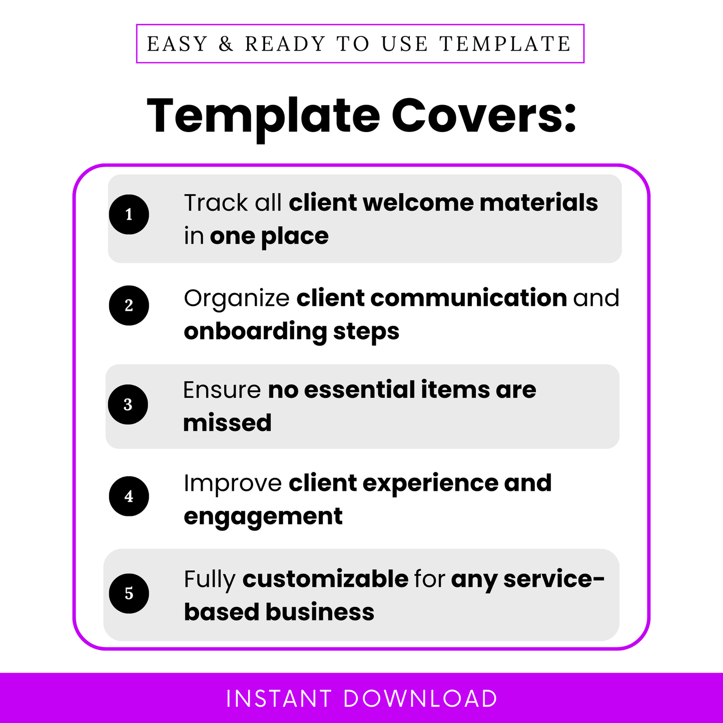 A simple infographic highlighting how the checklist helps organize client onboarding, track communication, and ensure no important steps are missed
