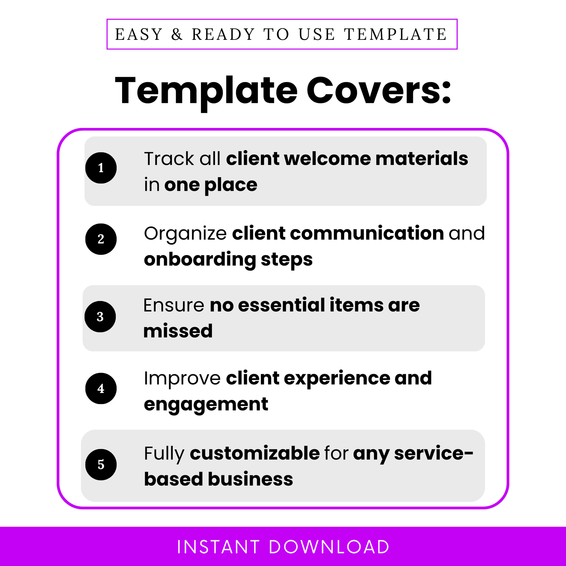 A simple infographic highlighting how the checklist helps organize client onboarding, track communication, and ensure no important steps are missed