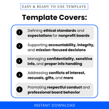 Text-based image describing a template for nonprofit boards with ethical guidelines.