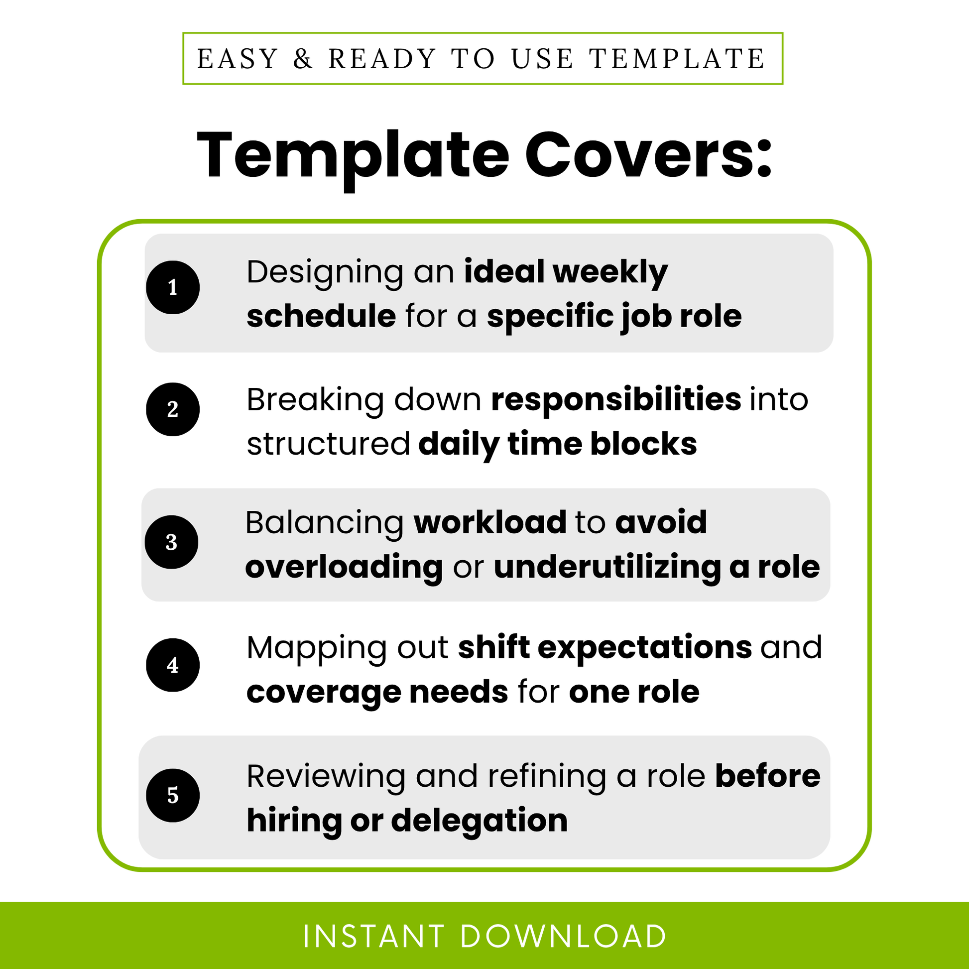 job role planner template use cases, design weekly schedule for one role, task time blocking, workload balancing and role planning system