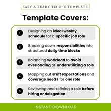 job role planner template use cases, design weekly schedule for one role, task time blocking, workload balancing and role planning system