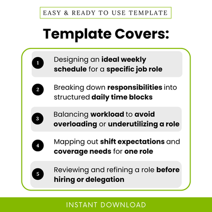 job role planner template use cases, design weekly schedule for one role, task time blocking, workload balancing and role planning system