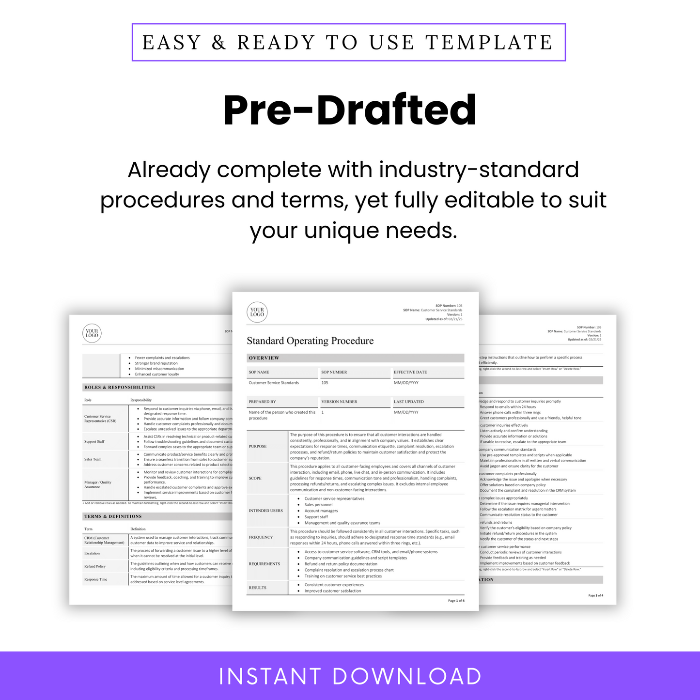 Graphic featuring multiple pages of the SOP, highlighting its professionally formatted, industry-standard procedures ready for full customization.