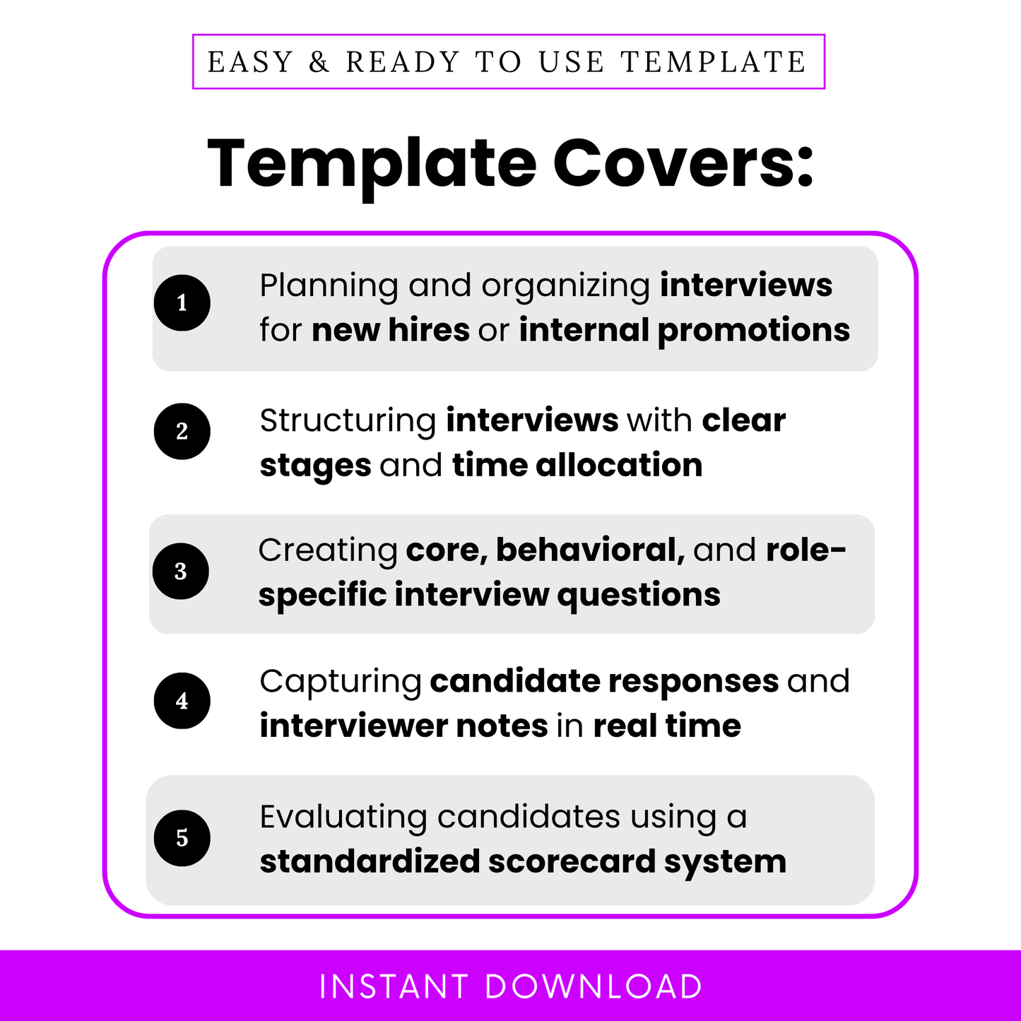 Interview template features list showing structured hiring process, interview planning, candidate evaluation, and scorecard system for recruiters and hiring managers