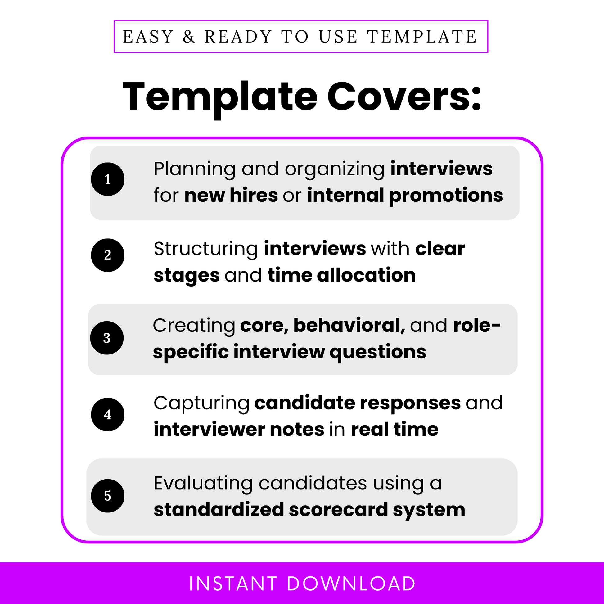 Interview template features list showing structured hiring process, interview planning, candidate evaluation, and scorecard system for recruiters and hiring managers
