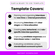 Interview template features list showing structured hiring process, interview planning, candidate evaluation, and scorecard system for recruiters and hiring managers
