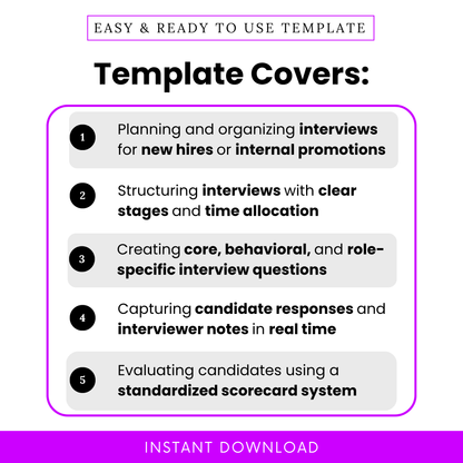 Interview template features list showing structured hiring process, interview planning, candidate evaluation, and scorecard system for recruiters and hiring managers