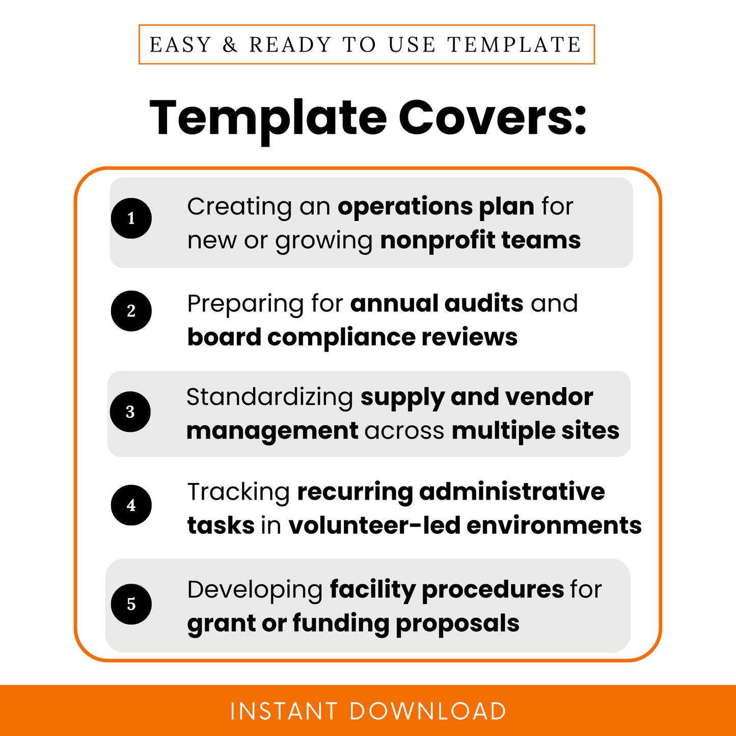 Nonprofit operations plan template use cases showing audit preparation, vendor management, administrative tracking, and facility procedures for nonprofit teams