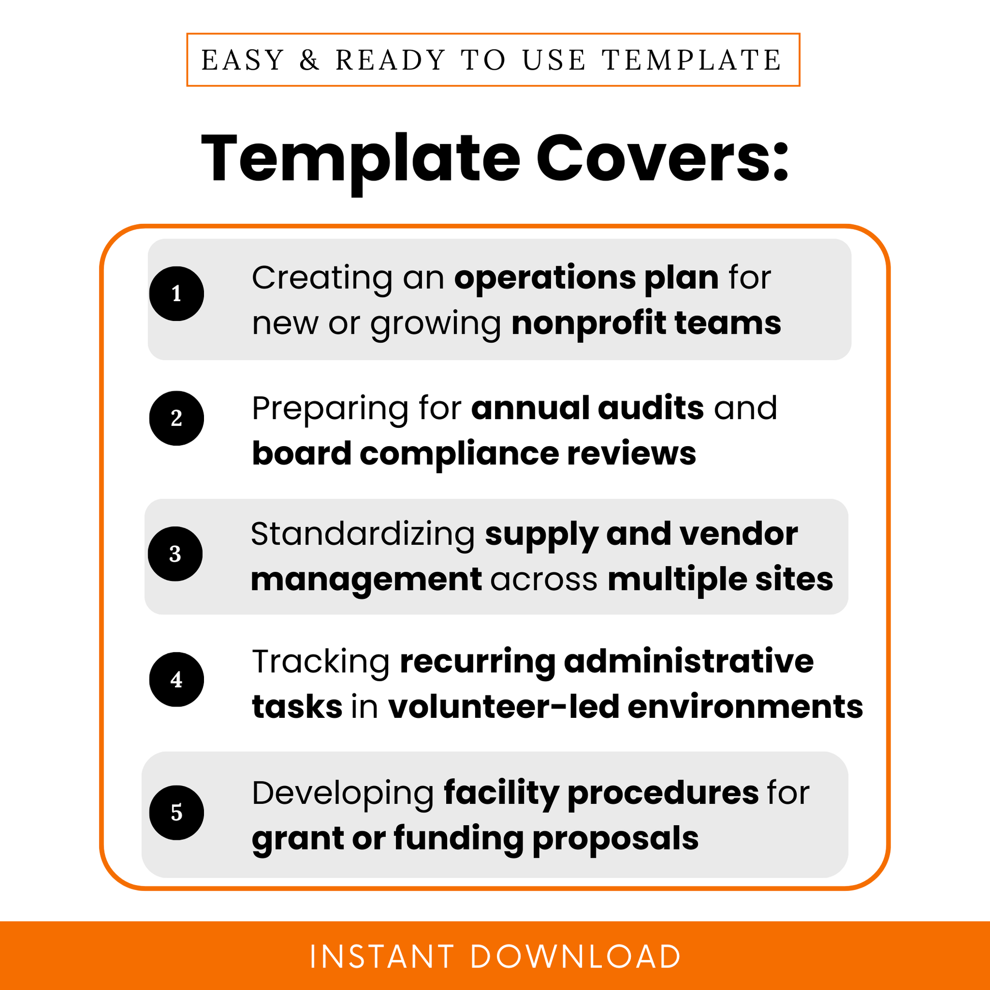 Nonprofit operations plan template use cases showing audit preparation, vendor management, administrative tracking, and facility procedures for nonprofit teams