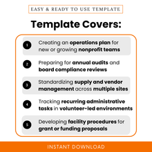 Nonprofit operations plan template use cases showing audit preparation, vendor management, administrative tracking, and facility procedures for nonprofit teams