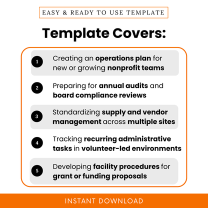 Nonprofit operations plan template use cases showing audit preparation, vendor management, administrative tracking, and facility procedures for nonprofit teams