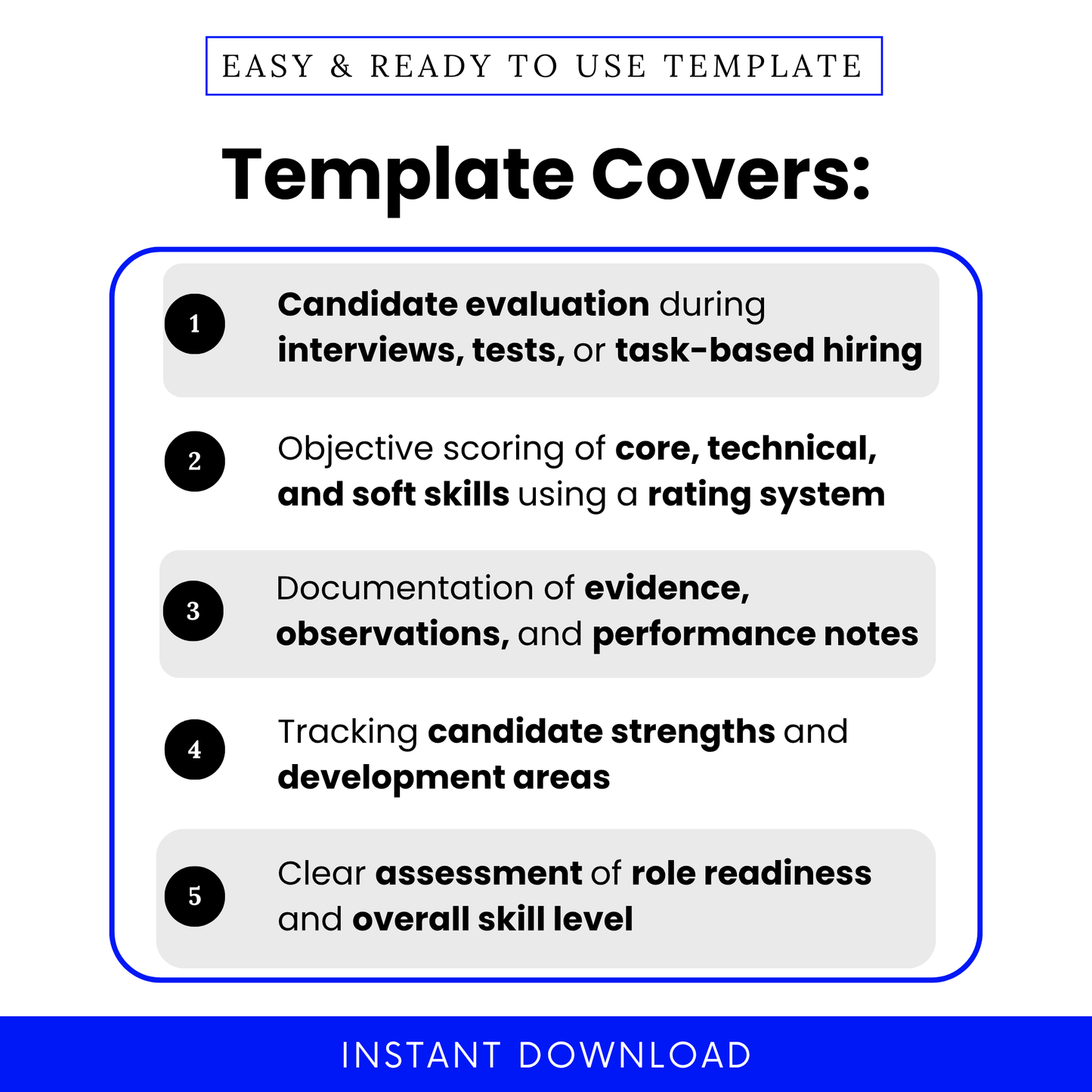 Infographic-style layout highlighting how the worksheet supports candidate evaluation during interviews, tests, or tasks, includes a rating system for core, technical, and soft skills, and provides space for notes, observations, and performance tracking
