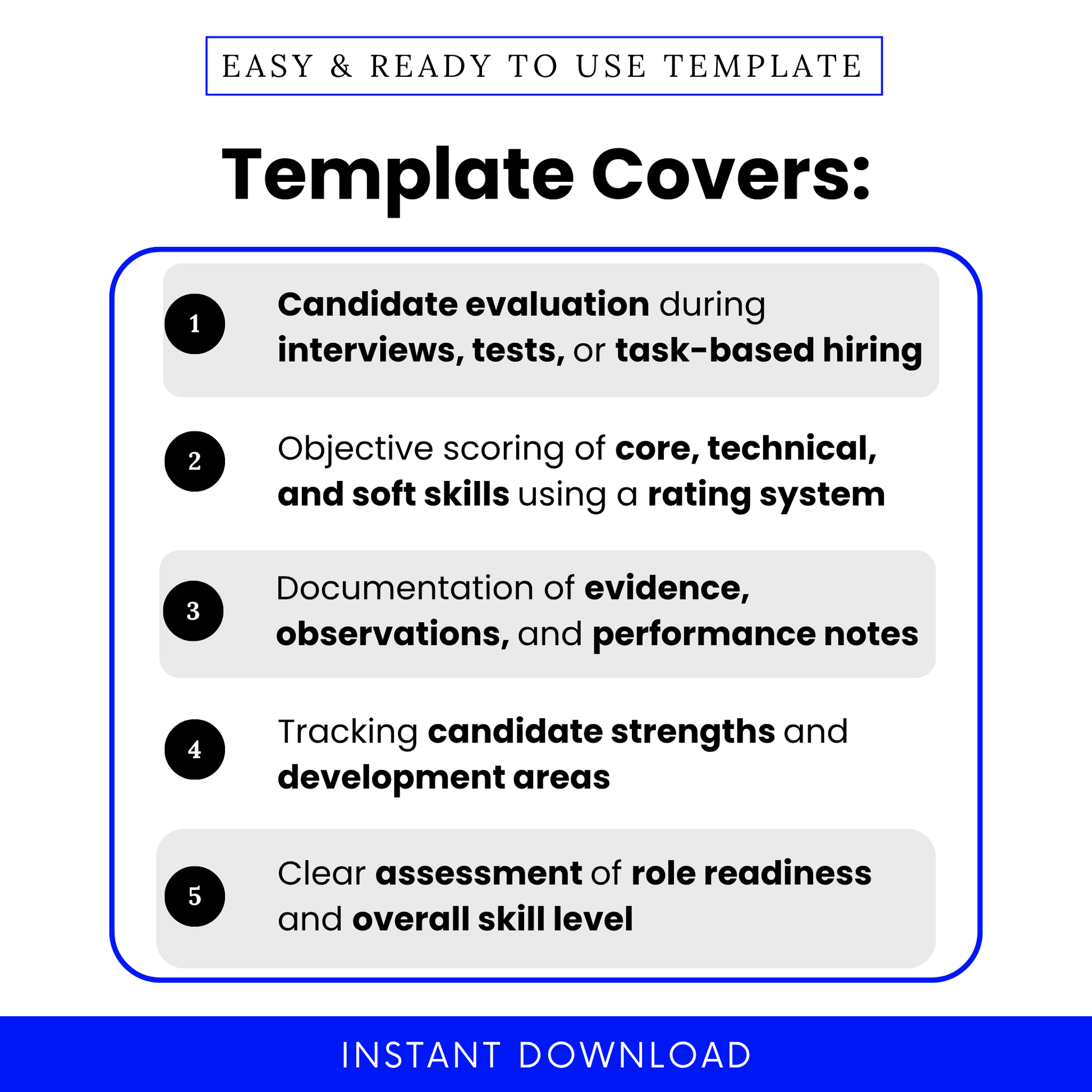 Infographic-style layout highlighting how the worksheet supports candidate evaluation during interviews, tests, or tasks, includes a rating system for core, technical, and soft skills, and provides space for notes, observations, and performance tracking