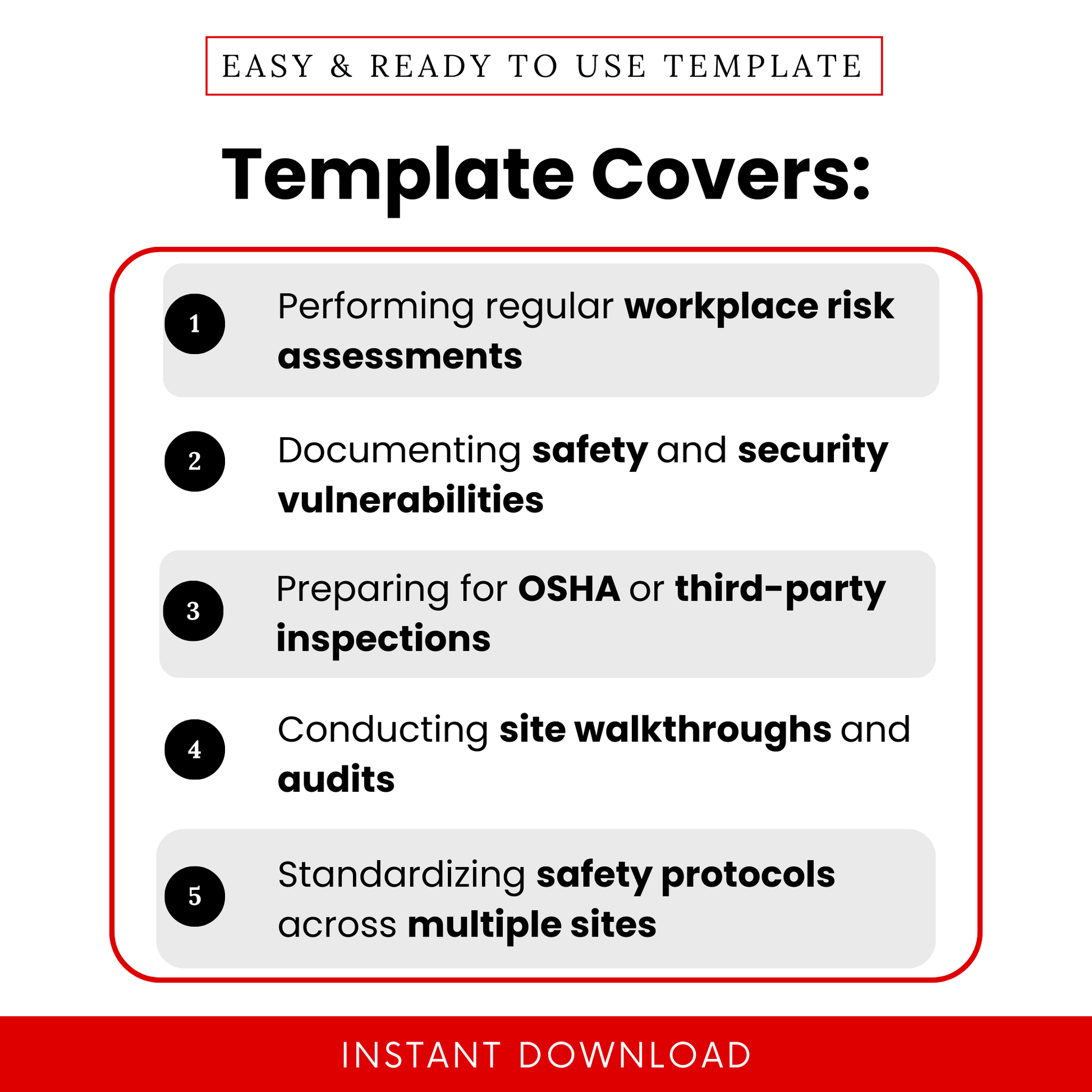 Overview graphic highlighting how the risk assessment template supports workplace safety evaluations, documents security vulnerabilities, prepares for OSHA inspections, and standardizes safety protocols across multiple sites.