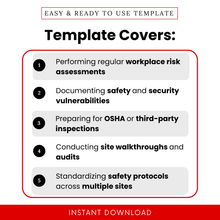 Overview graphic highlighting how the risk assessment template supports workplace safety evaluations, documents security vulnerabilities, prepares for OSHA inspections, and standardizes safety protocols across multiple sites.