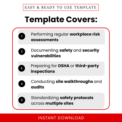 Overview graphic highlighting how the risk assessment template supports workplace safety evaluations, documents security vulnerabilities, prepares for OSHA inspections, and standardizes safety protocols across multiple sites.