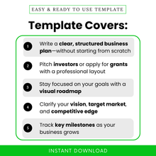 Graphic titled 'Template Covers' listing five benefits of the Business Plan Template: 1) Write a clear, structured business plan, 2) Pitch investors or apply for grants, 3) Stay focused on goals with a visual roadmap, 4) Clarify vision, target market, and competitive edge, 5) Track key milestones. Includes 'Instant Download' banner at the bottom.