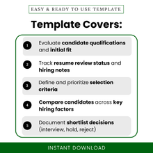 Interview worksheet features overview showing candidate qualification tracking, resume review status, hiring notes, selection criteria checklist, and shortlist decision tracking for recruiters and HR teams
