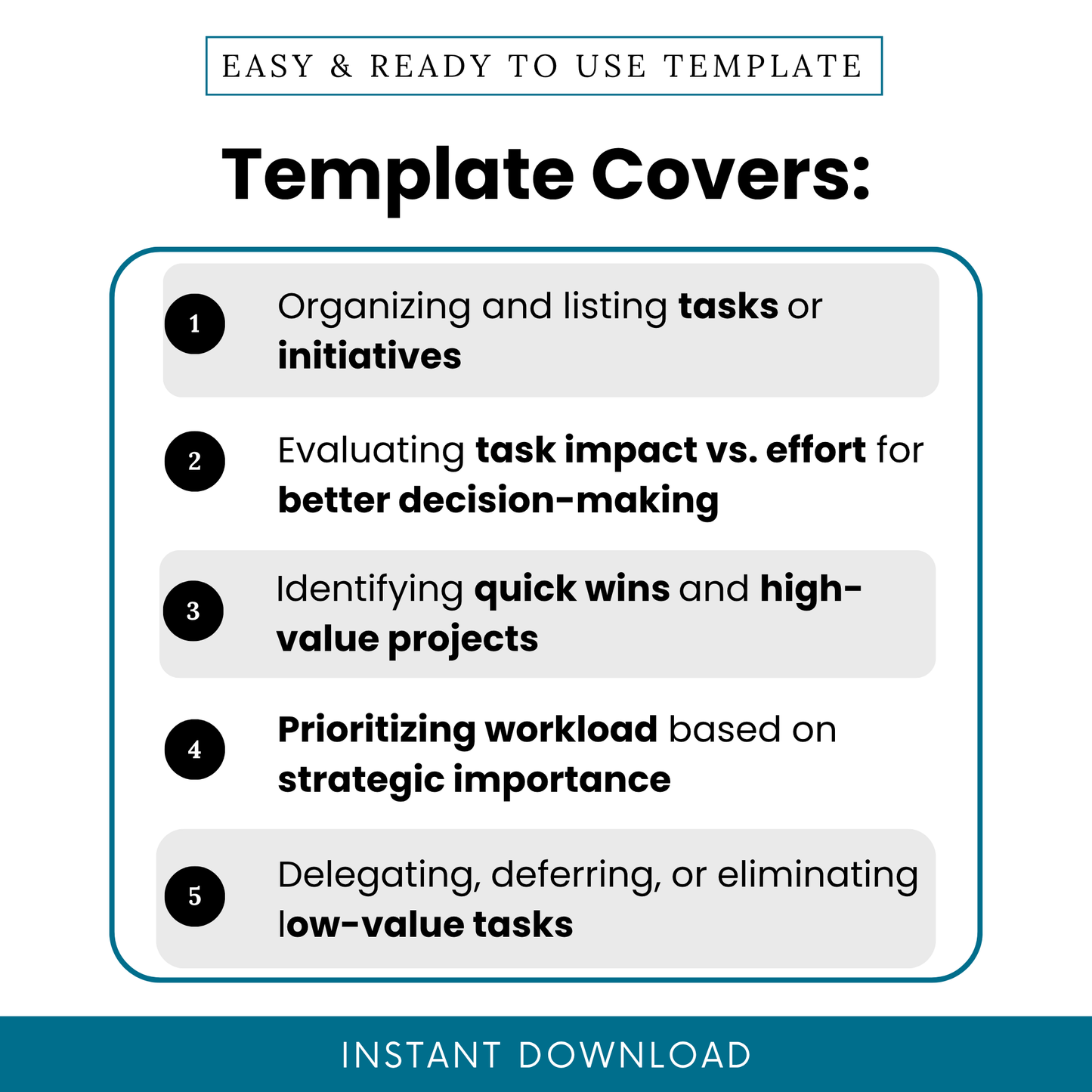 Task priority matrix template features infographic showing task organization, impact vs effort evaluation, quick wins identification, workload prioritization, productivity planning tool