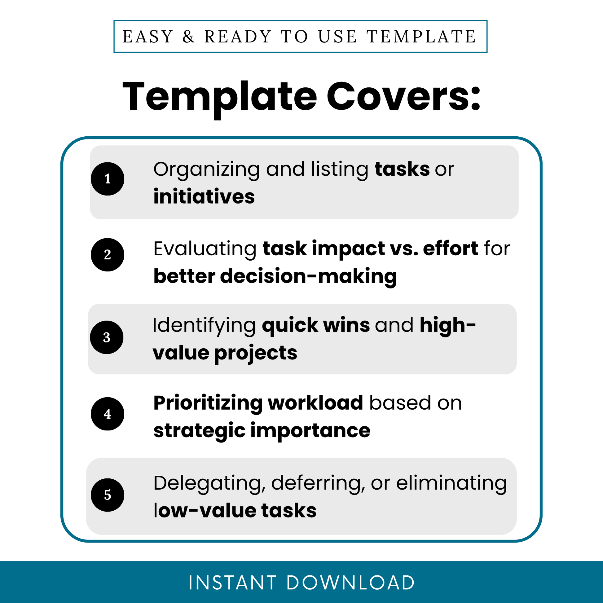 Task priority matrix template features infographic showing task organization, impact vs effort evaluation, quick wins identification, workload prioritization, productivity planning tool