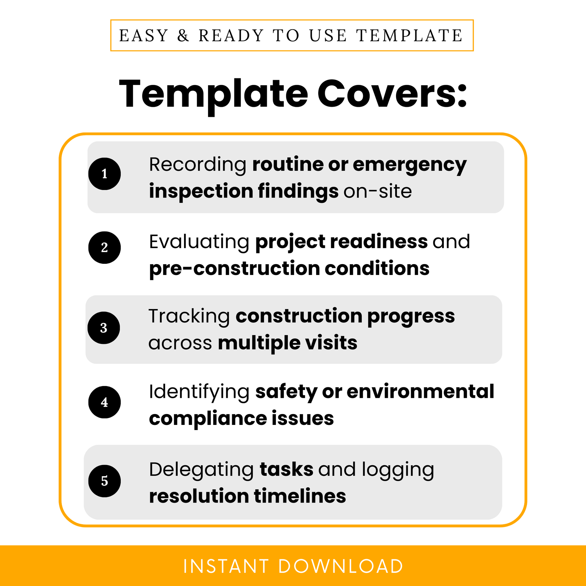 Construction site visit report template features including routine inspection tracking, project readiness evaluation, construction progress monitoring, safety compliance checks, and task delegation workflow documentation