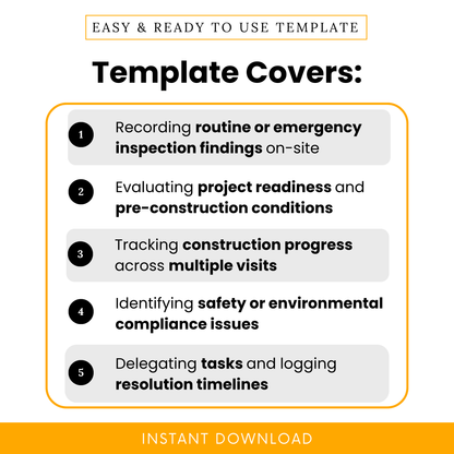 Construction site visit report template features including routine inspection tracking, project readiness evaluation, construction progress monitoring, safety compliance checks, and task delegation workflow documentation