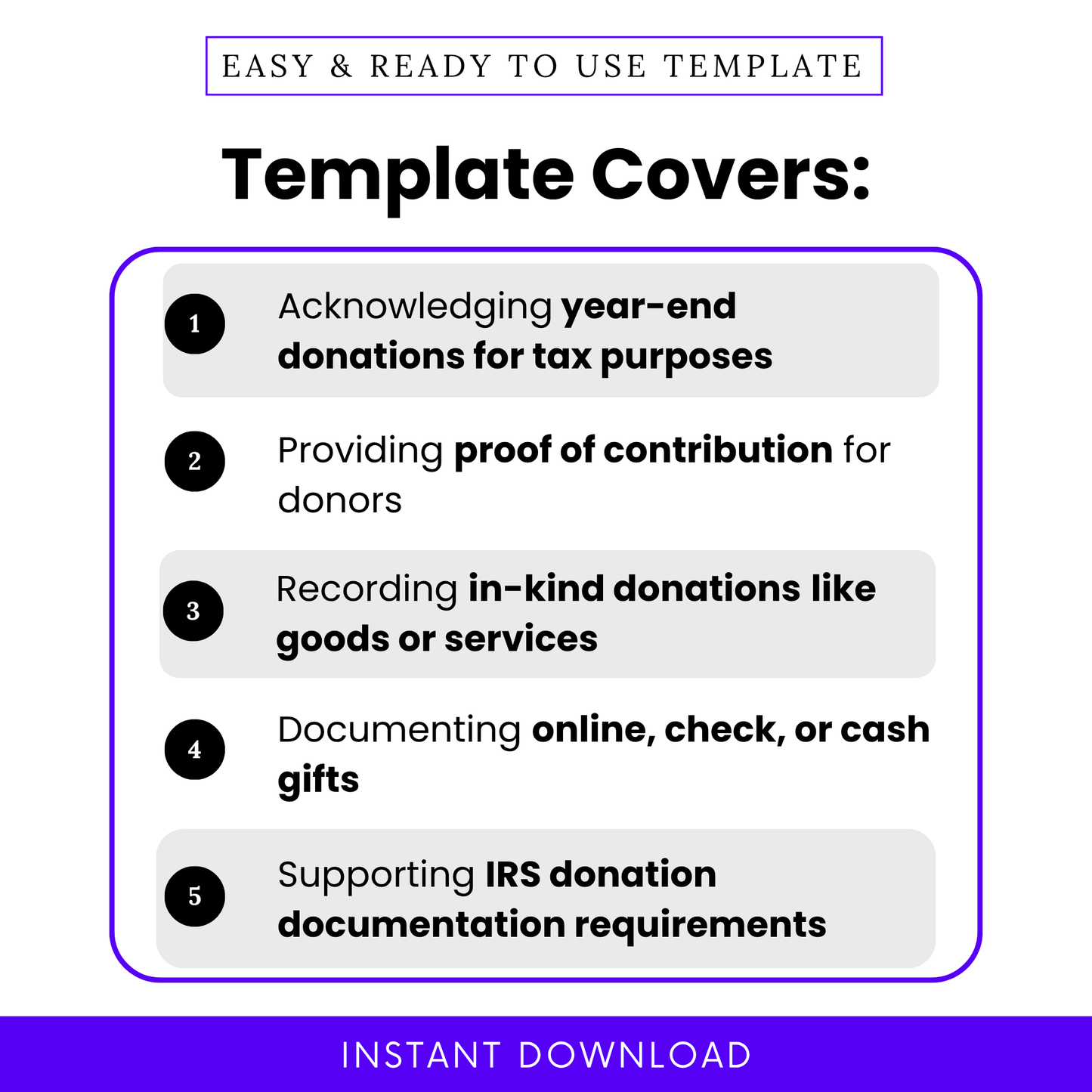 Donation Receipt Template designed to support year-end tax documentation, proof of contribution, and in-kind donation tracking. This editable Donation Receipt Template PDF helps nonprofits and organizations maintain accurate financial records while ensuring compliance. A simple, professional solution for documenting online, cash, or check donations.