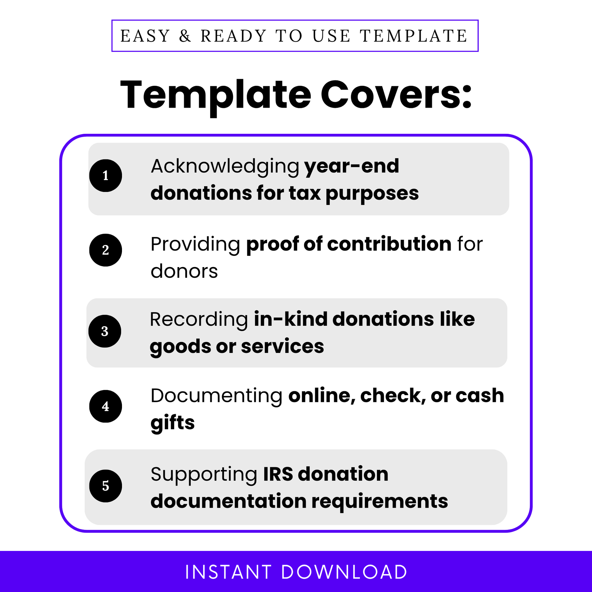 Donation Receipt Template designed to support year-end tax documentation, proof of contribution, and in-kind donation tracking. This editable Donation Receipt Template PDF helps nonprofits and organizations maintain accurate financial records while ensuring compliance. A simple, professional solution for documenting online, cash, or check donations.