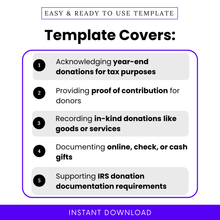 Donation Receipt Template designed to support year-end tax documentation, proof of contribution, and in-kind donation tracking. This editable Donation Receipt Template PDF helps nonprofits and organizations maintain accurate financial records while ensuring compliance. A simple, professional solution for documenting online, cash, or check donations.