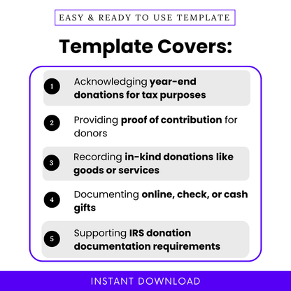 Donation Receipt Template designed to support year-end tax documentation, proof of contribution, and in-kind donation tracking. This editable Donation Receipt Template PDF helps nonprofits and organizations maintain accurate financial records while ensuring compliance. A simple, professional solution for documenting online, cash, or check donations.