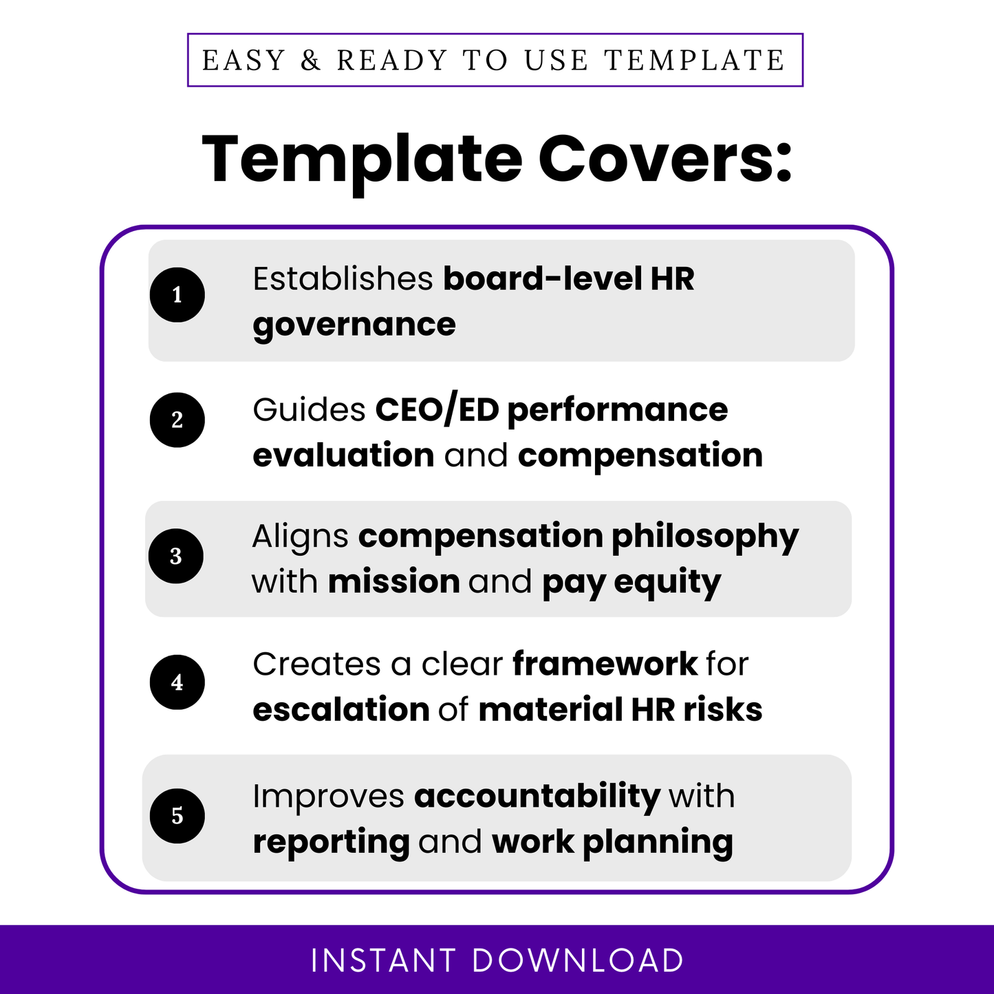 HR compensation committee charter template features including board-level HR governance, CEO evaluation and compensation guidance, pay equity alignment, risk escalation framework, accountability and reporting tools