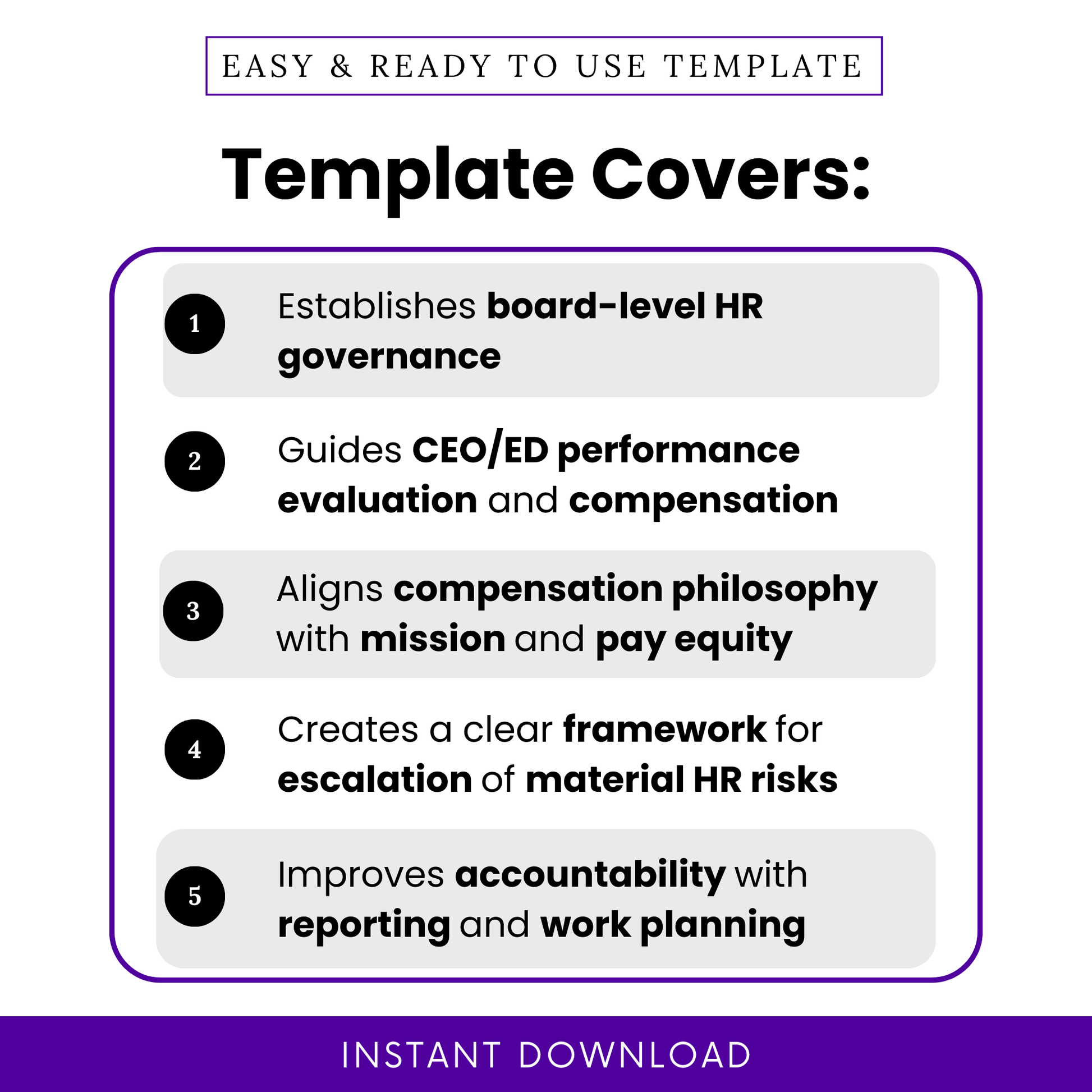 HR compensation committee charter template features including board-level HR governance, CEO evaluation and compensation guidance, pay equity alignment, risk escalation framework, accountability and reporting tools