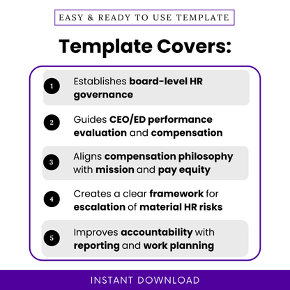 HR compensation committee charter template features including board-level HR governance, CEO evaluation and compensation guidance, pay equity alignment, risk escalation framework, accountability and reporting tools