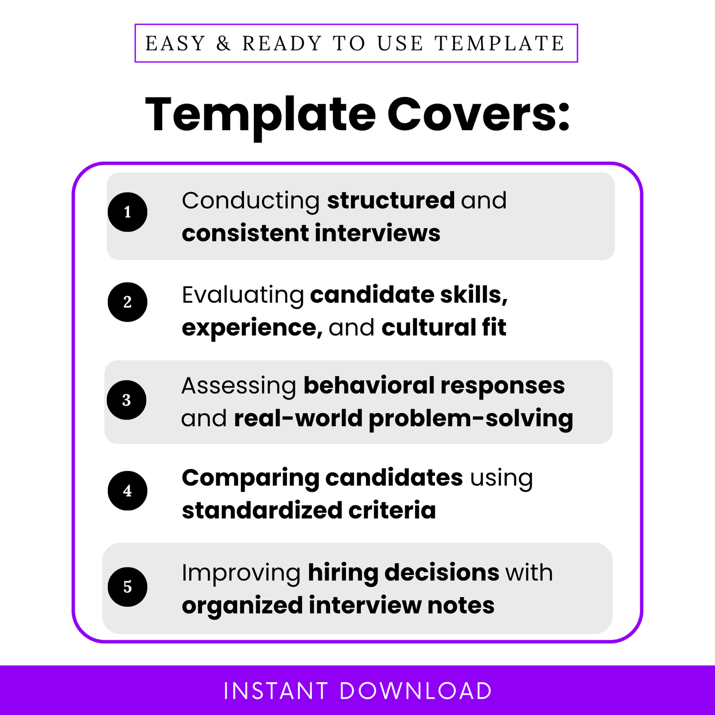 Interview template features infographic showing structured interviews, candidate evaluation, behavioral assessment and hiring decision tools, HR recruitment checklist visual